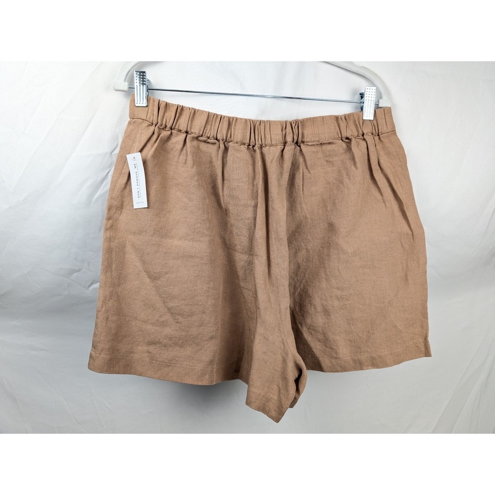 Vetta 100% Linen High Rise Pocket Shorts Size L Tan Elastic Minimalist Capsule - Picture 4 of 9